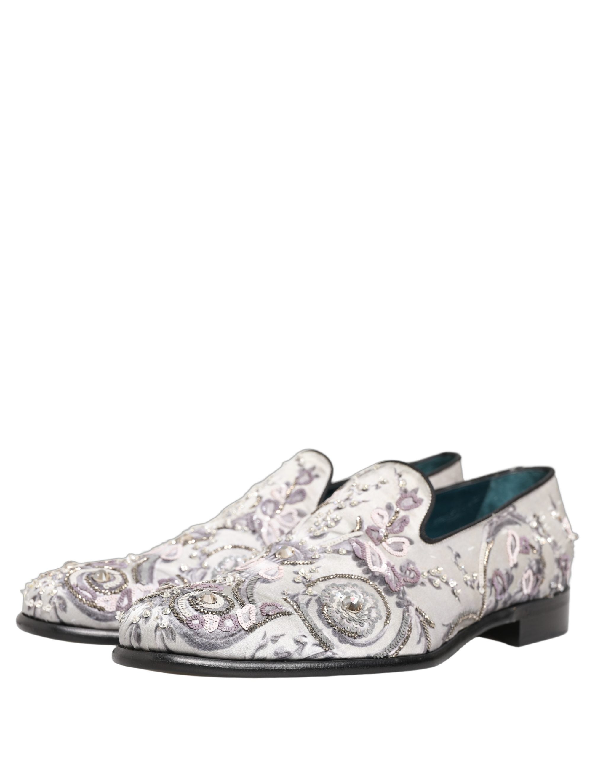 Chaussures D&G Dolce & Gabbana en daim blanc à sequins pour occasion formelle, slip-on élégants et brillants.