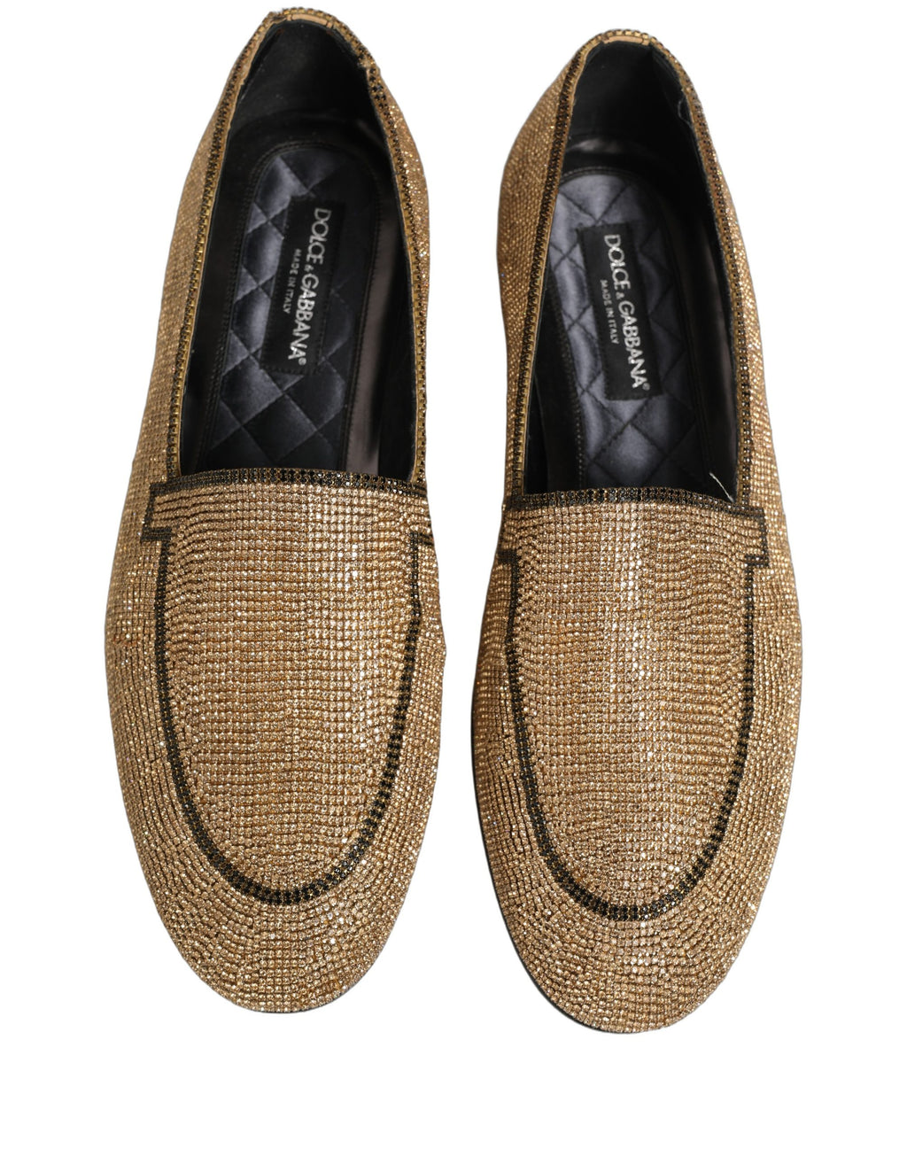 Chaussures mocassins pour hommes Dolce & Gabbana ornées de cristaux brillants et embellissements en or, vue de face.