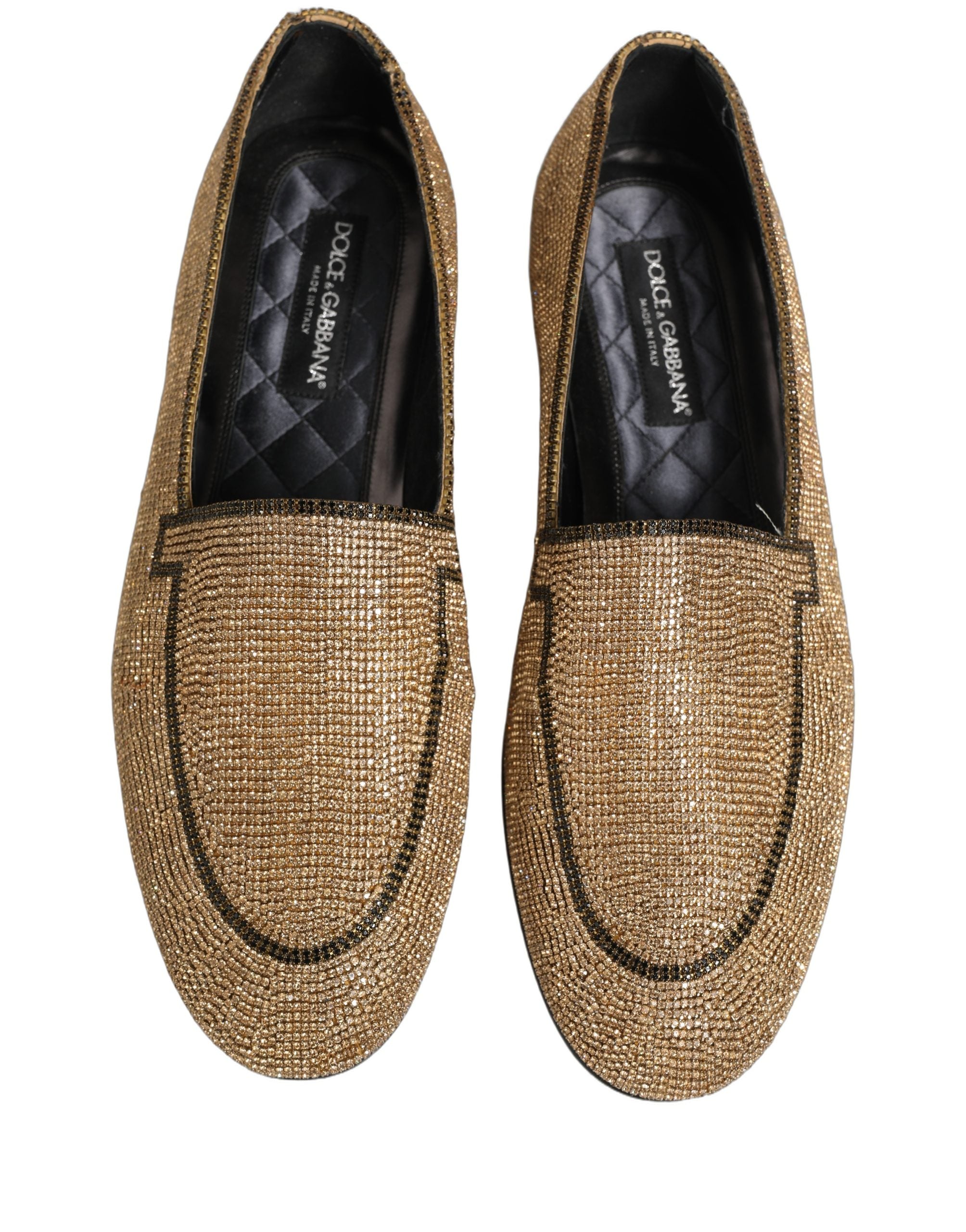 Chaussures mocassins pour hommes Dolce & Gabbana ornées de cristaux brillants et embellissements en or, vue de face.