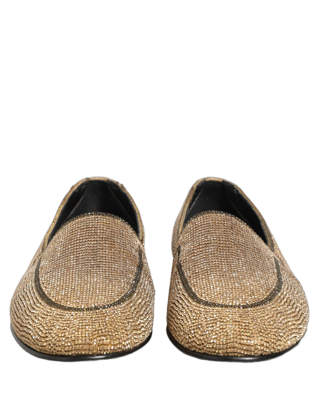 Chaussures loafers pour homme Dolce & Gabbana en or avec cristaux brillants, élégantes et sophistiquées, vues de côté.