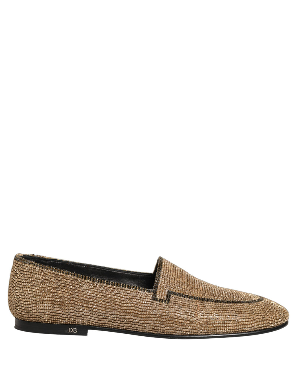 Chaussures mocassins pour hommes Dolce & Gabbana en or avec cristaux, finition élégante et détails brillants.