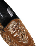 Chaussures mocassins en velours marron Dolce & Gabbana avec broderie florale élégante.