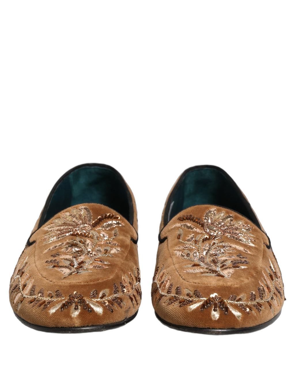Chaussures mocassins Dolce & Gabbana en velours marron avec broderie florale élégante et détails sophistiqués.