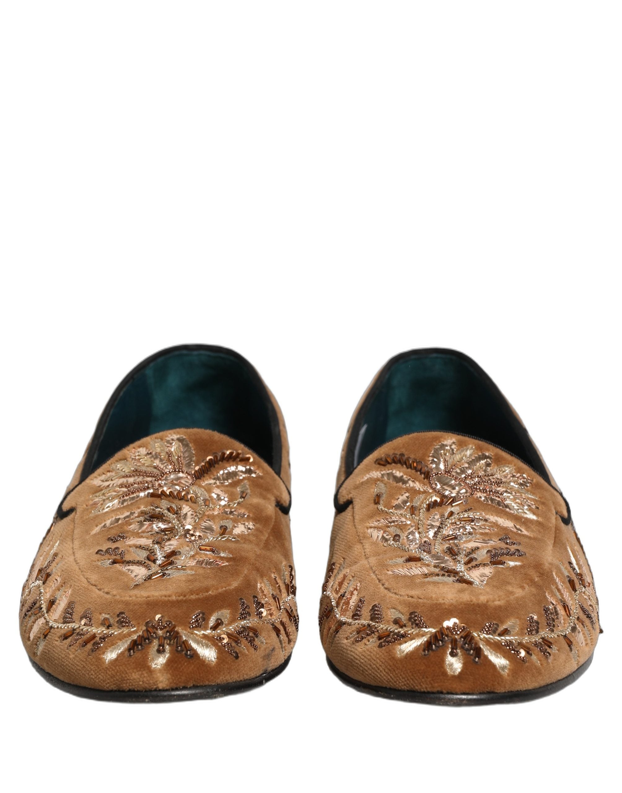 Chaussures mocassins Dolce & Gabbana en velours marron avec broderie florale élégante et détails sophistiqués.
