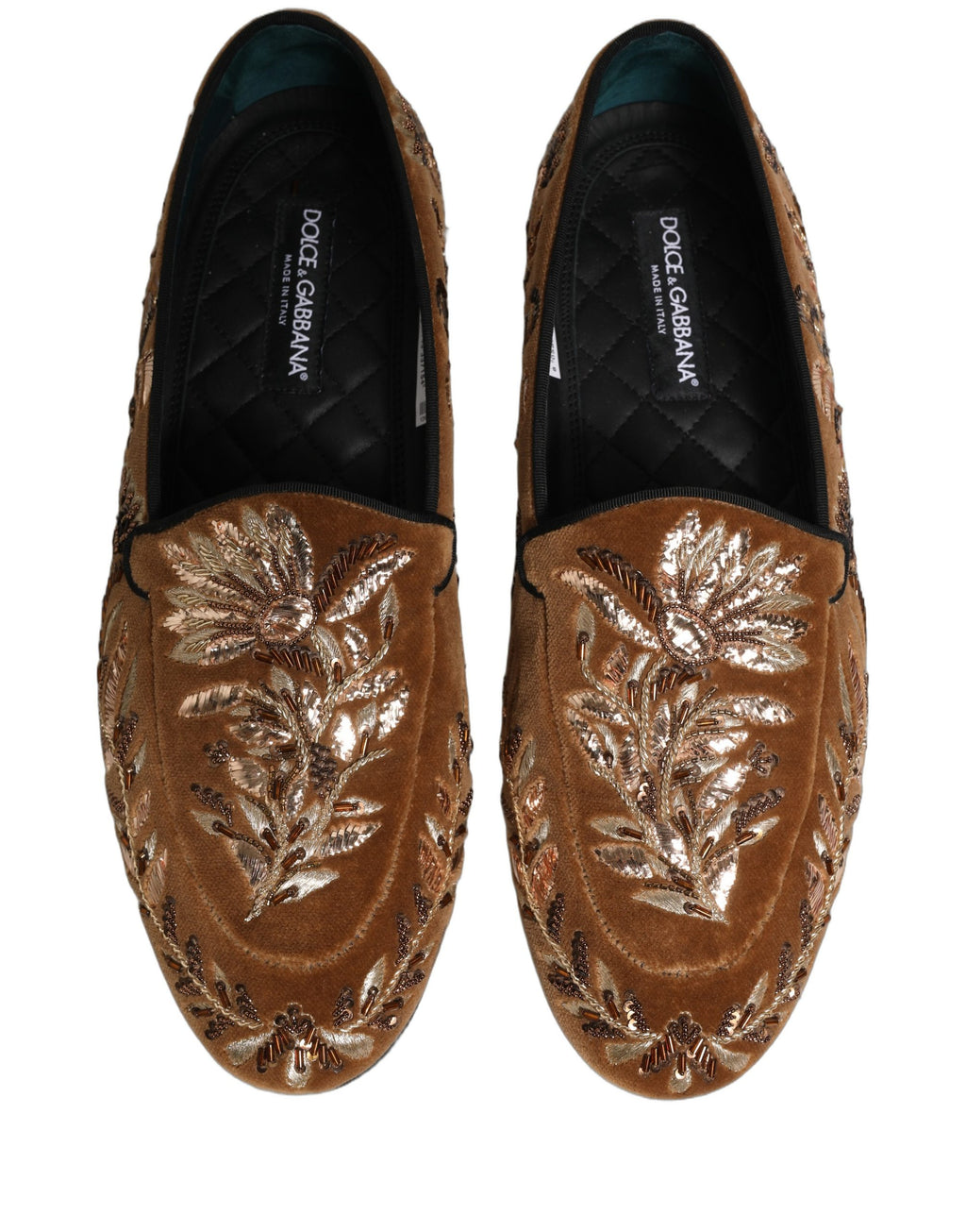 Chaussures mocassins en velours marron Dolce & Gabbana avec broderie florale élégante, détails raffinés et finition soignée.