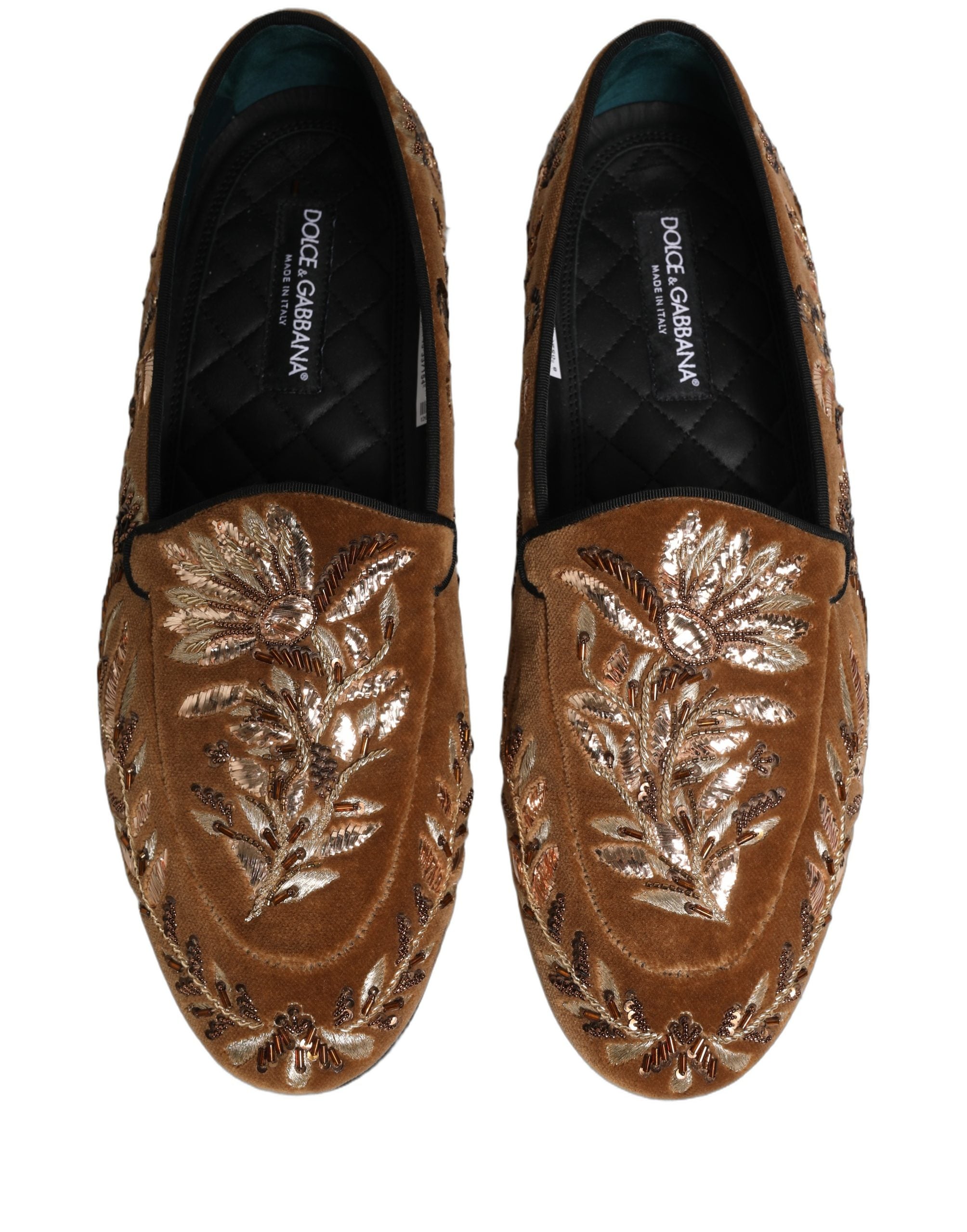 Chaussures mocassins en velours marron Dolce & Gabbana avec broderie florale élégante, détails raffinés et finition soignée.