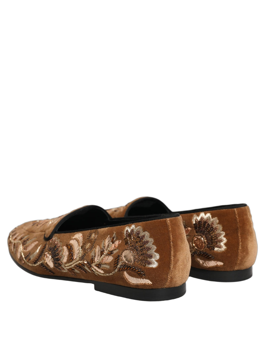 Chaussures mocassins en velours marron Dolce & Gabbana avec broderies florales élégantes, finition raffinée.
