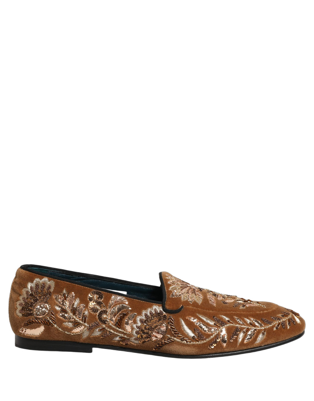 Chaussures mocassins en velours marron Dolce & Gabbana avec broderie florale, visibles sur l'image.