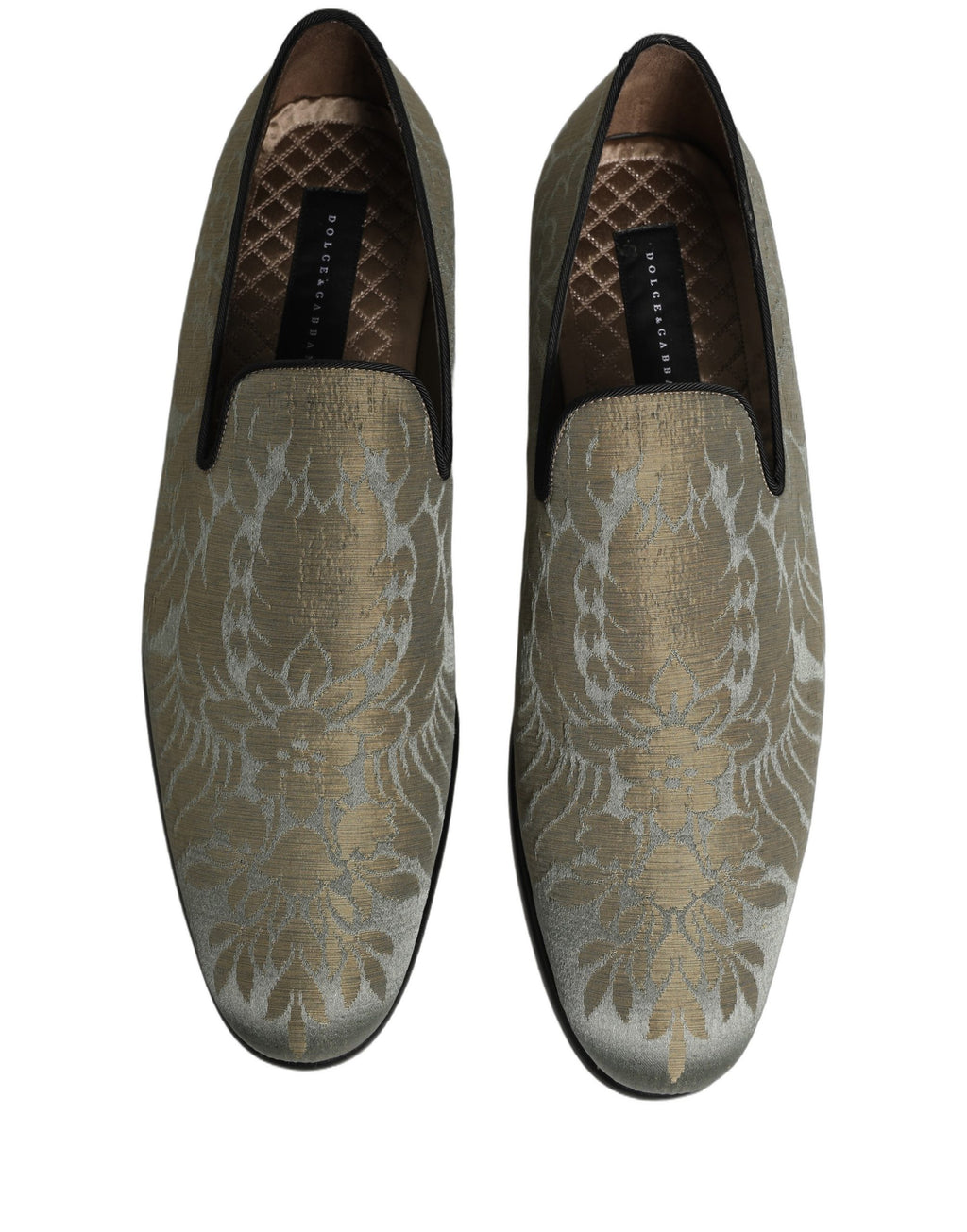 Chaussures Dolce & Gabbana en loafers or à motif floral jacquard, style slip-on élégant et sophistiqué.
