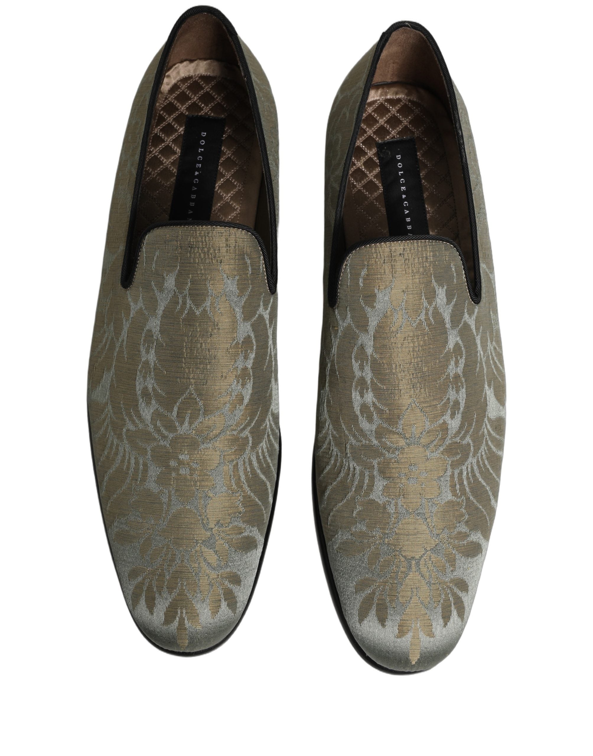 Chaussures Dolce & Gabbana en loafers or à motif floral jacquard, style slip-on élégant et sophistiqué.