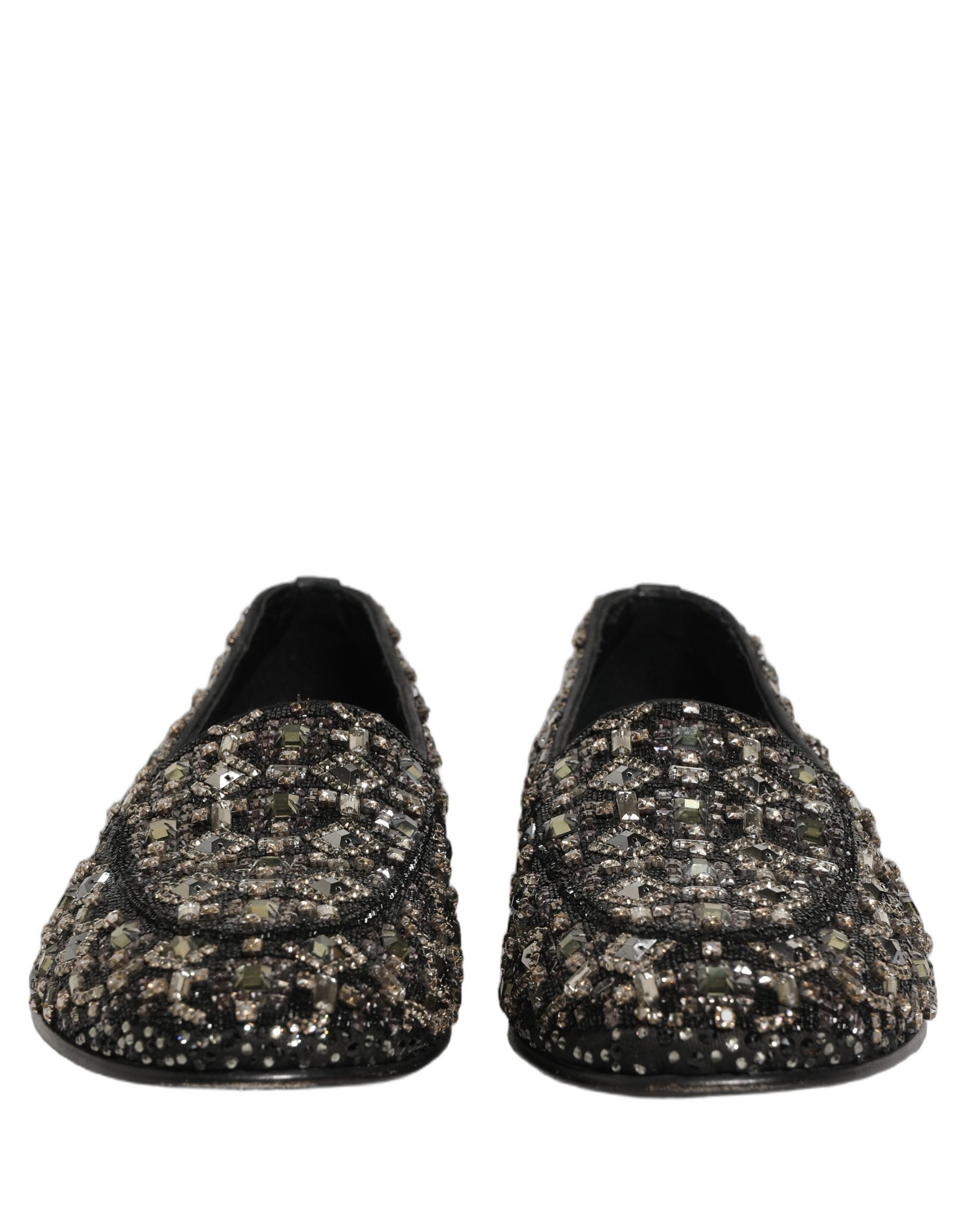 Chaussures mocassins Dolce & Gabbana noires avec cristaux ornés, élégantes et sophistiquées, en cuir de haute qualité.