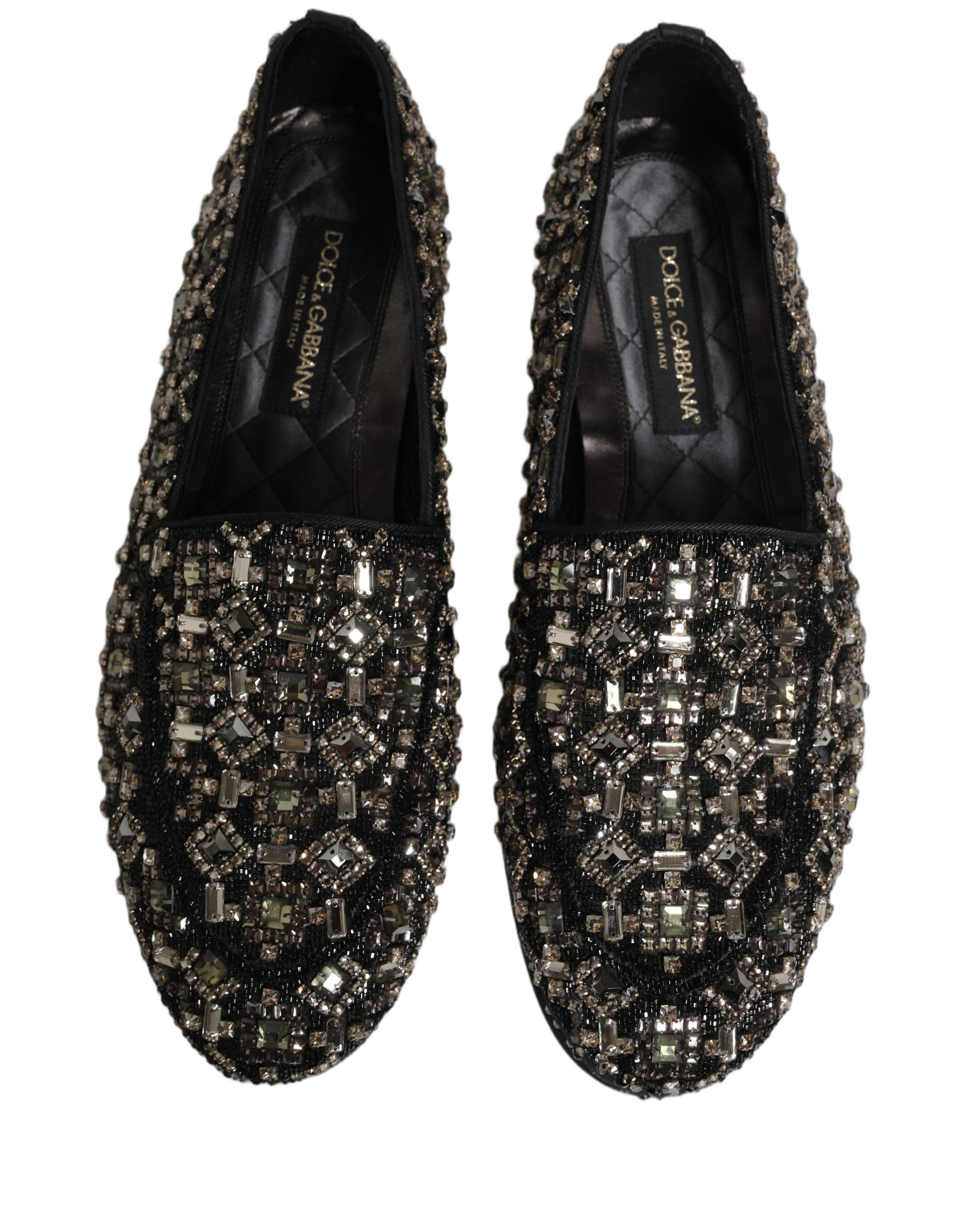 Chaussures mocassins Dolce & Gabbana noires avec cristaux brillants et détails élégants, parfaites pour une allure chic et sophistiquée
