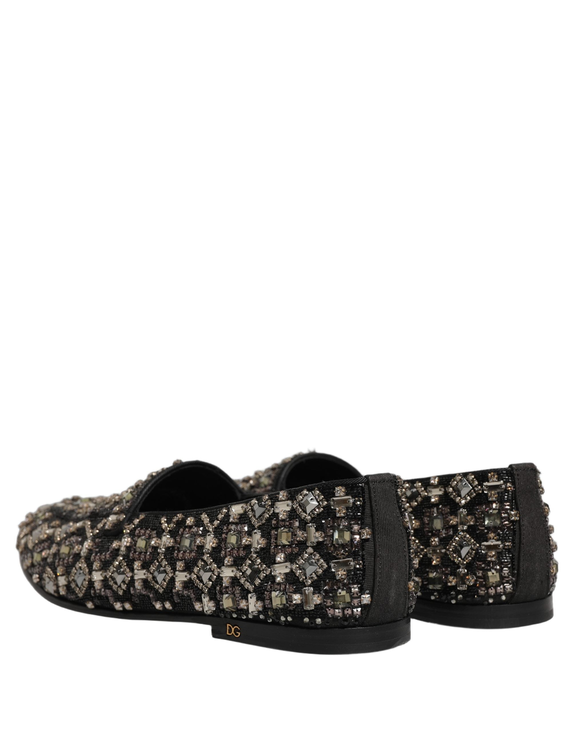 Chaussures Dolce & Gabbana noires en cuir avec embellissements en cristal et design loafers élégants.