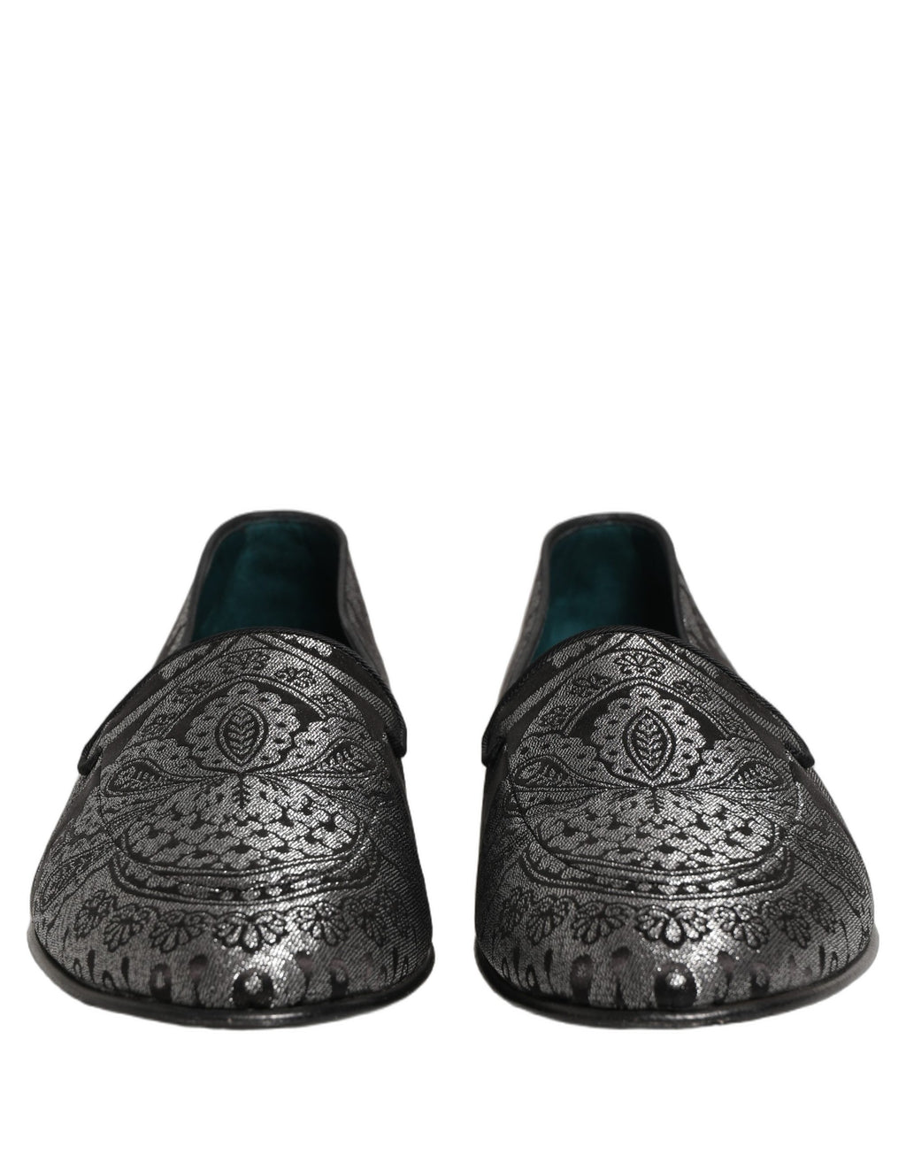 Mocassins slip-on en jacquard argenté et cuir de Dolce & Gabbana, chaussures élégantes pour homme.