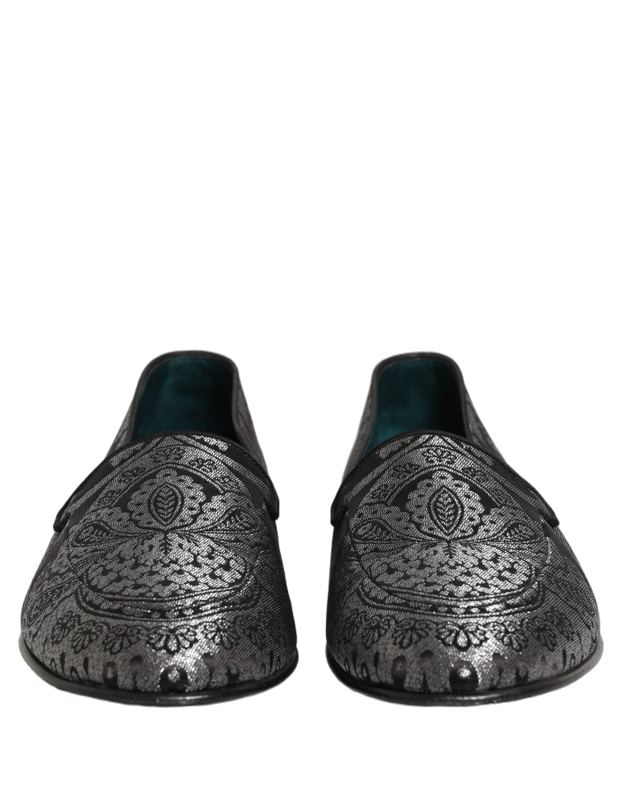 Mocassins slip-on en jacquard argenté et cuir de Dolce & Gabbana, chaussures élégantes pour homme.