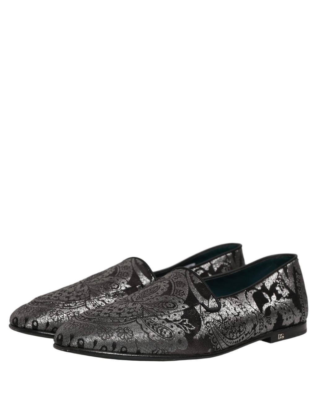 Chaussures mocassins Dolce & Gabbana en jacquard argenté et cuir, style slip-on, élégantes et confortables.