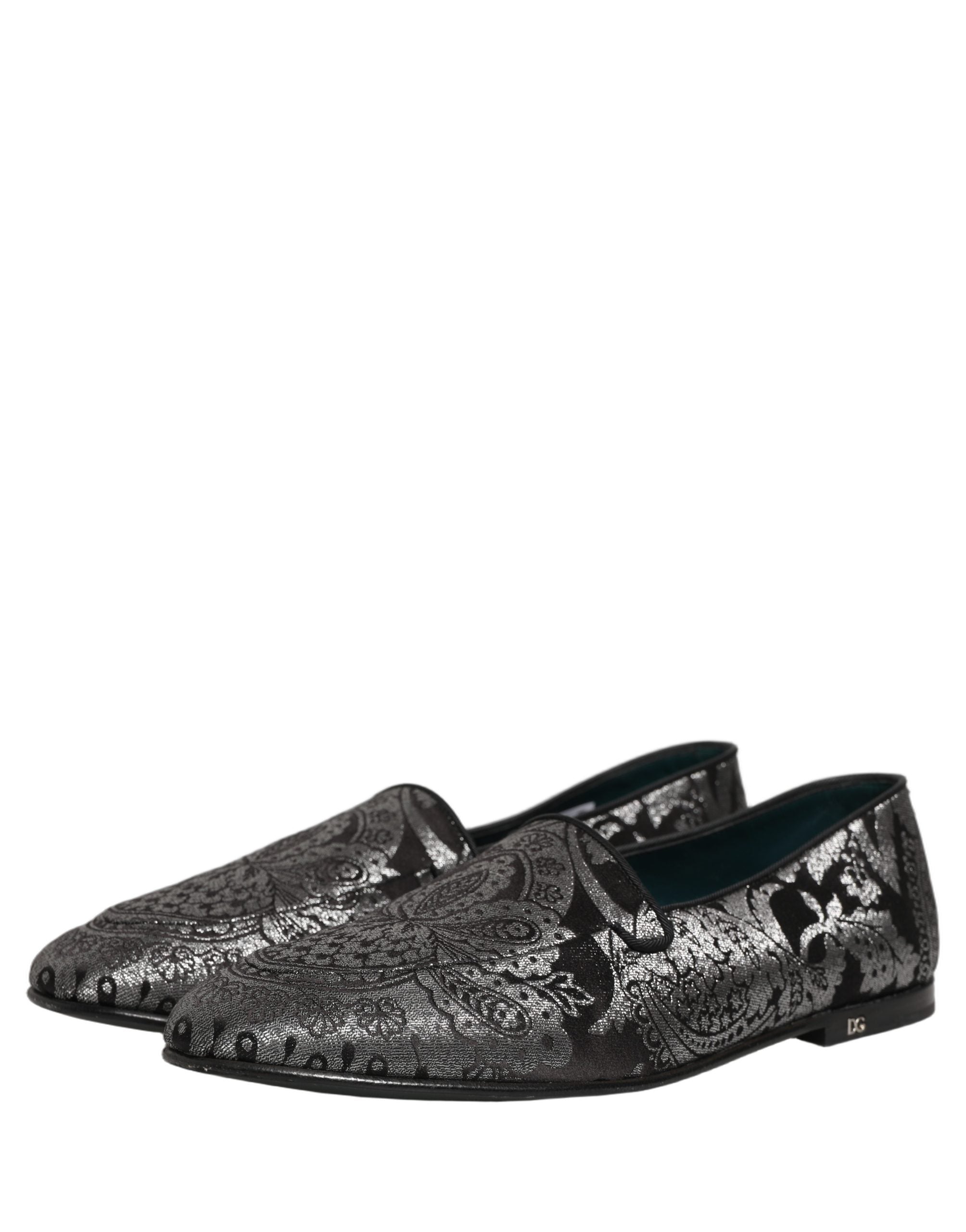 Chaussures mocassins Dolce & Gabbana en jacquard argenté et cuir, style slip-on, élégantes et confortables.