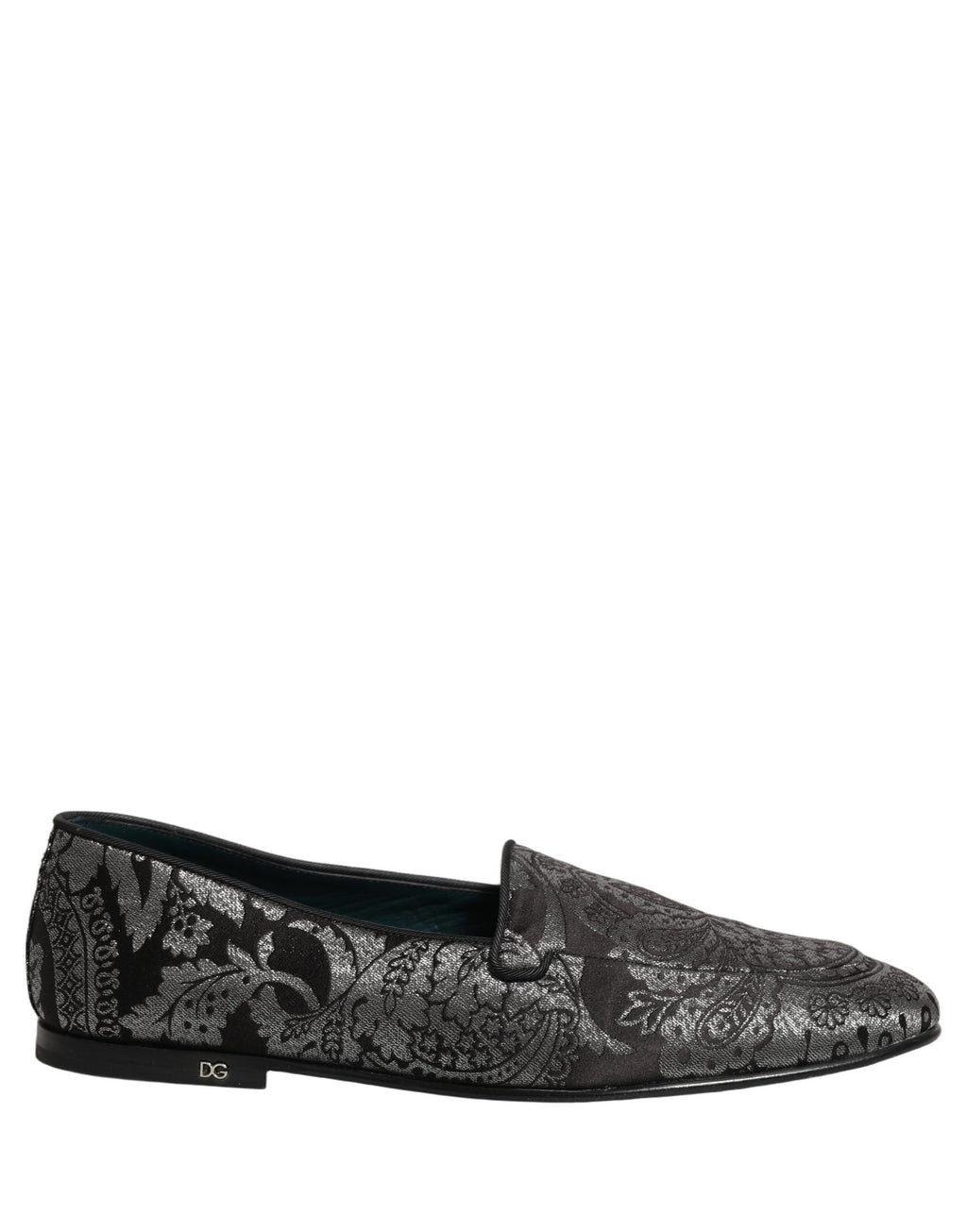 Chaussures mocassins Dolce & Gabbana en jacquard argenté et cuir, style slip-on, élégantes et sophistiquées.