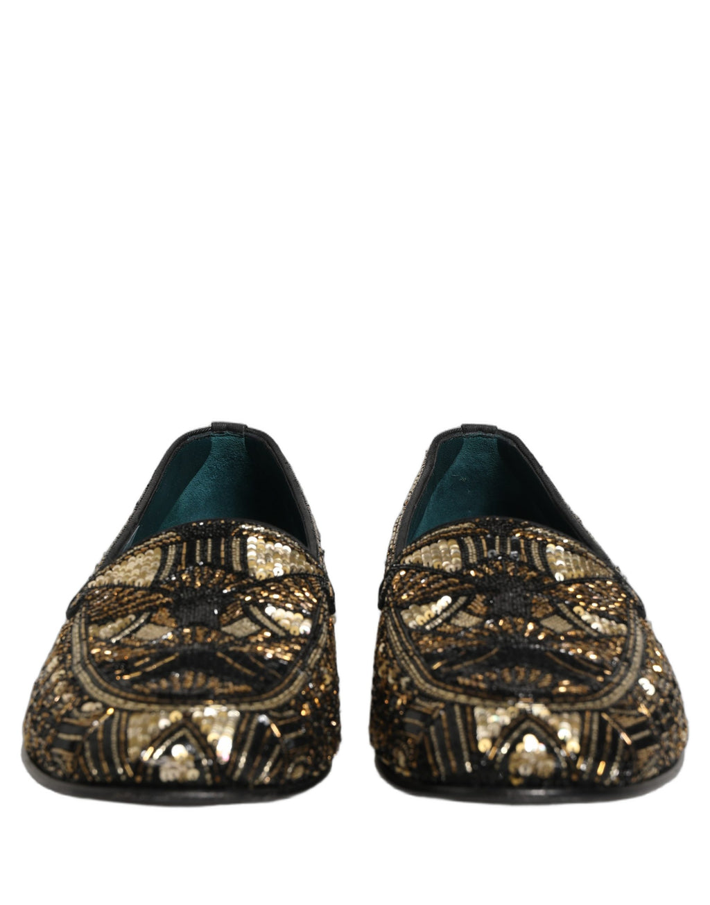 Chaussures mocassins Dolce & Gabbana noires et or avec embellissements, style slip-on élégants et sophistiqués.