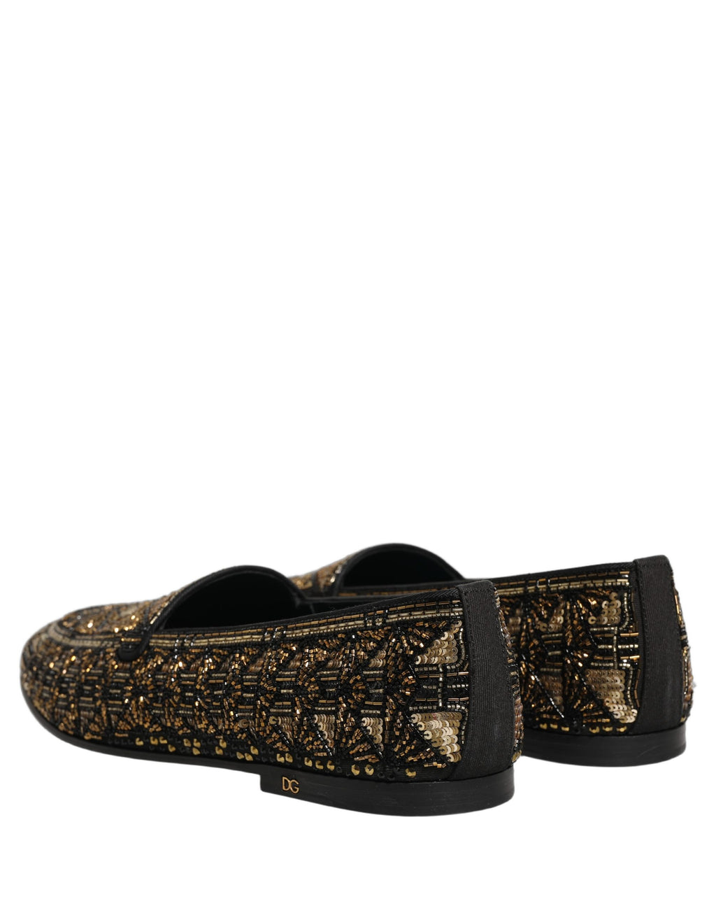 Chaussures mocassins Dolce & Gabbana noires et or ornées de détails brillants, slip-on élégants pour femme.