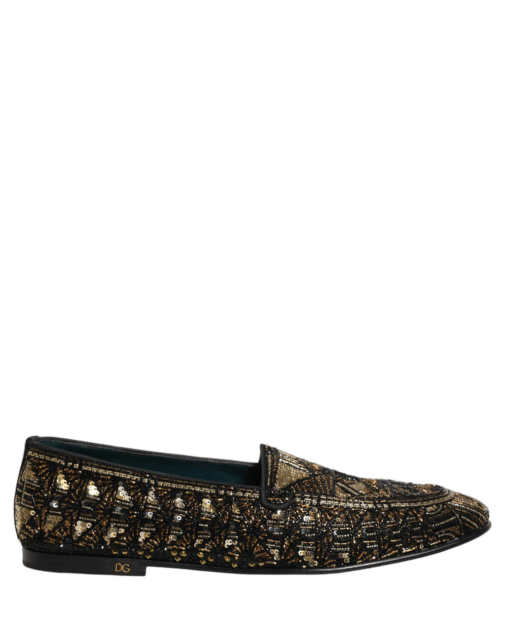 Mocassins Dolce & Gabbana noirs à embellissements dorés, style slip-on avec finition élégante et détails sophistiqués.