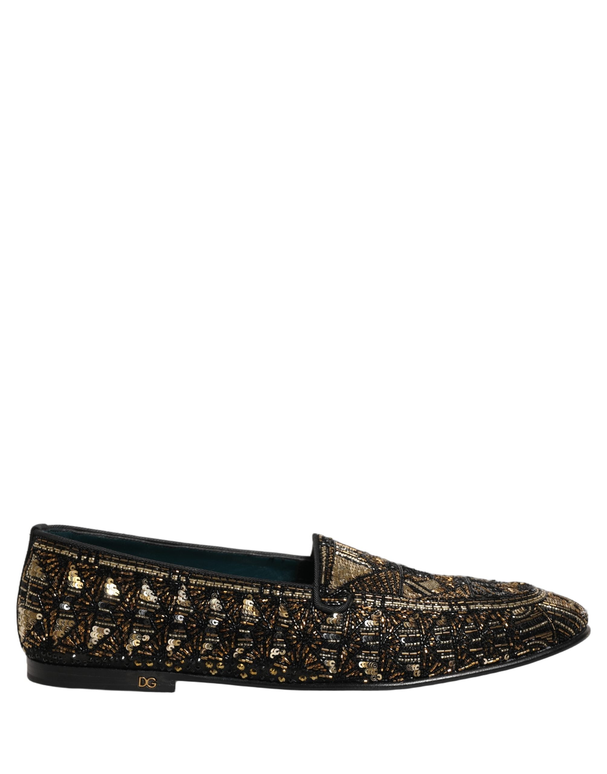 Mocassins Dolce & Gabbana noirs à embellissements dorés, style slip-on avec finition élégante et détails sophistiqués.