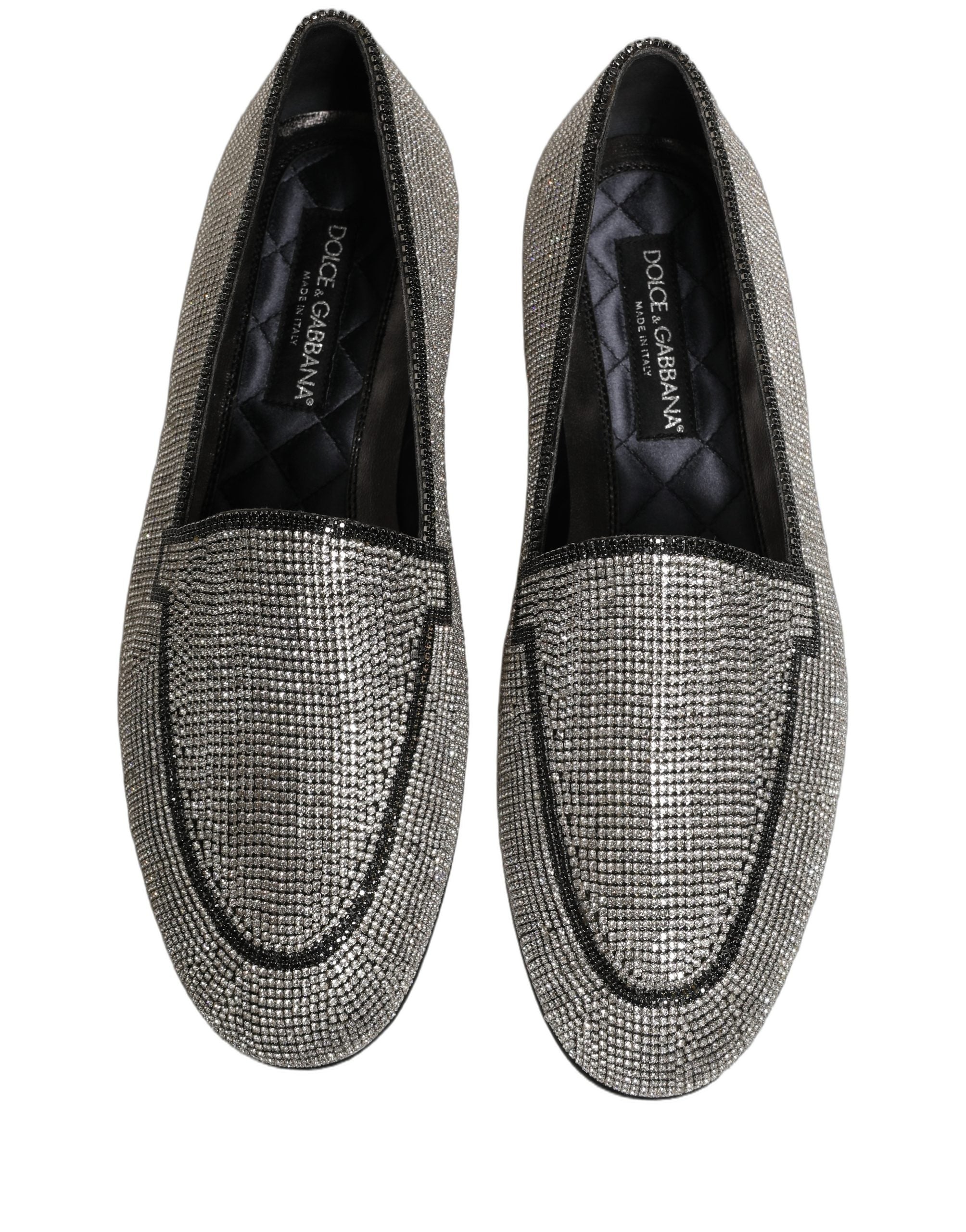 Chaussures mocassins pour homme Dolce & Gabbana en argent avec cristaux brillants, finition élégante et détails sophistiqués.