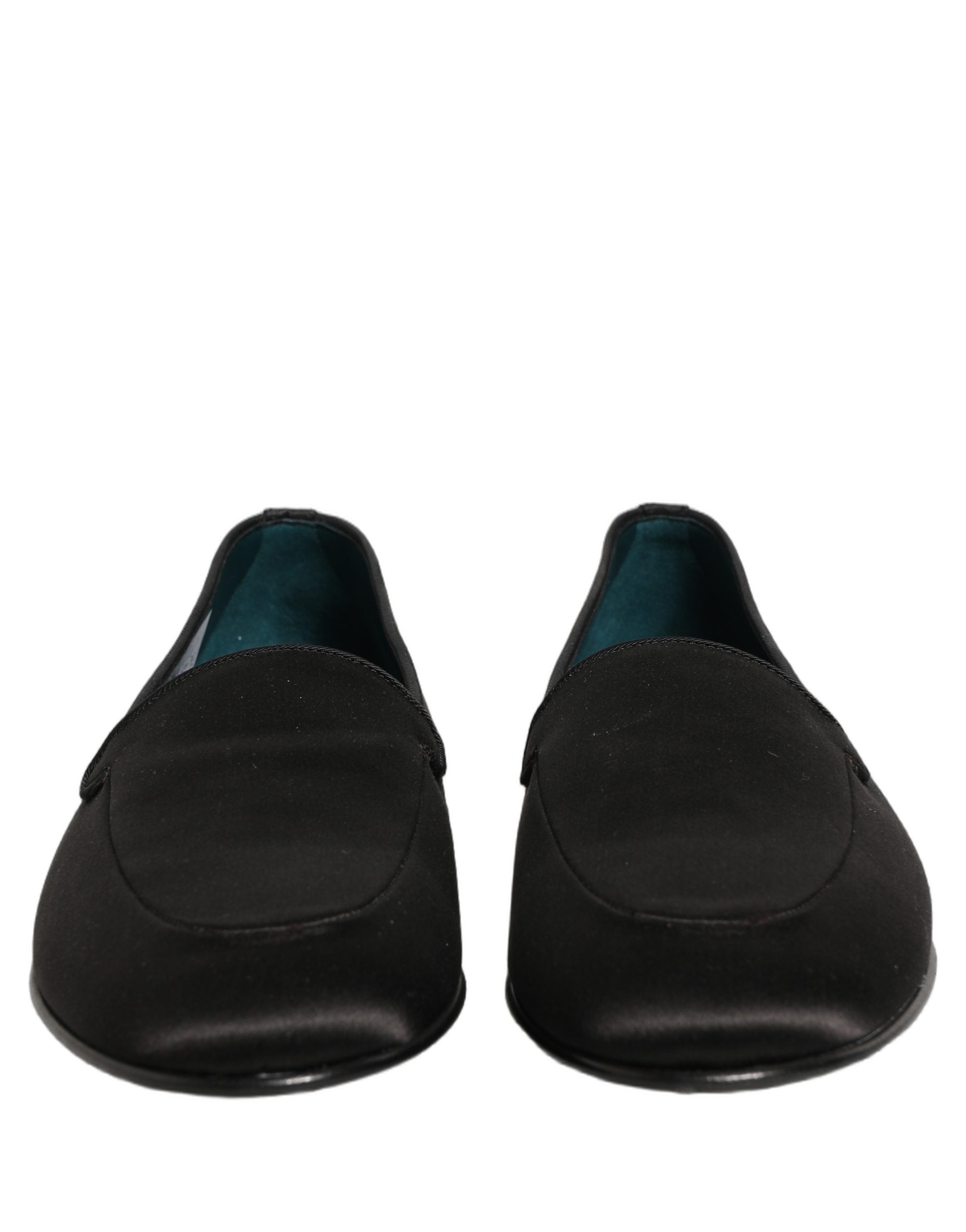 Chaussures mocassins Dolce & Gabbana en satin noir avec logo, chaussures plates élégantes pour femmes.