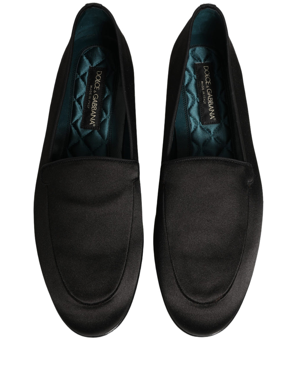 Chaussures Dolce & Gabbana flats en satin noir avec logo, slip-on élégants et confortables pour femmes.