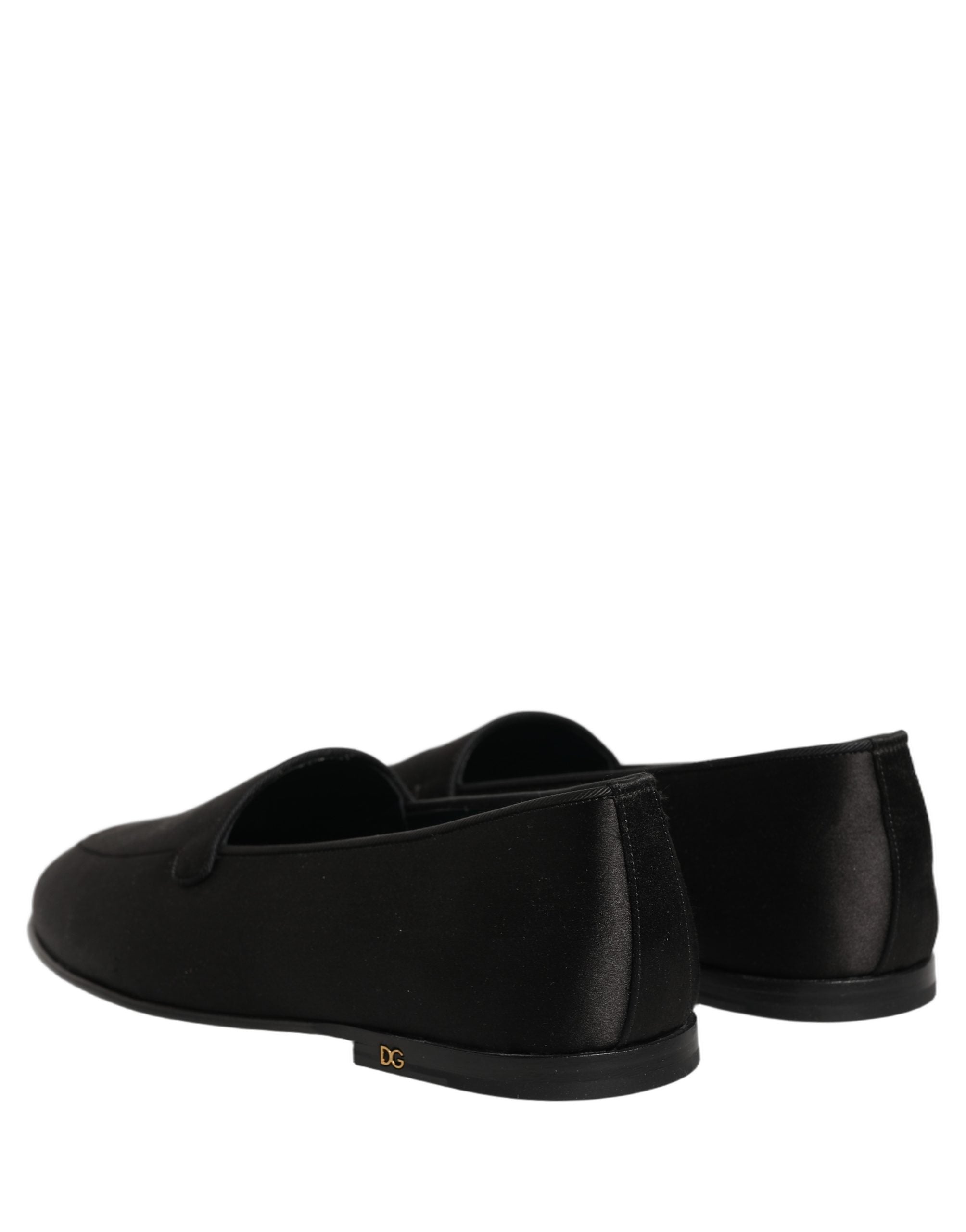 Chaussures Dolce & Gabbana mocassins en satin noir avec logo, chaussures plates slip-on élégantes pour femmes.