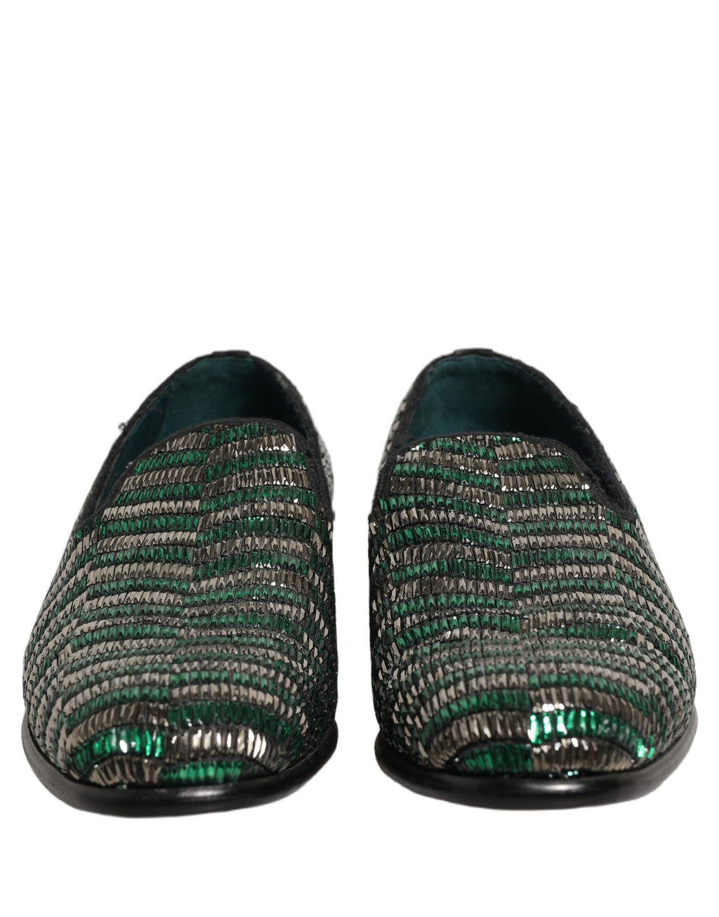 Chaussures mocassins Dolce & Gabbana en argent et vert avec embellissements, élégantes et décoratives pour femme.