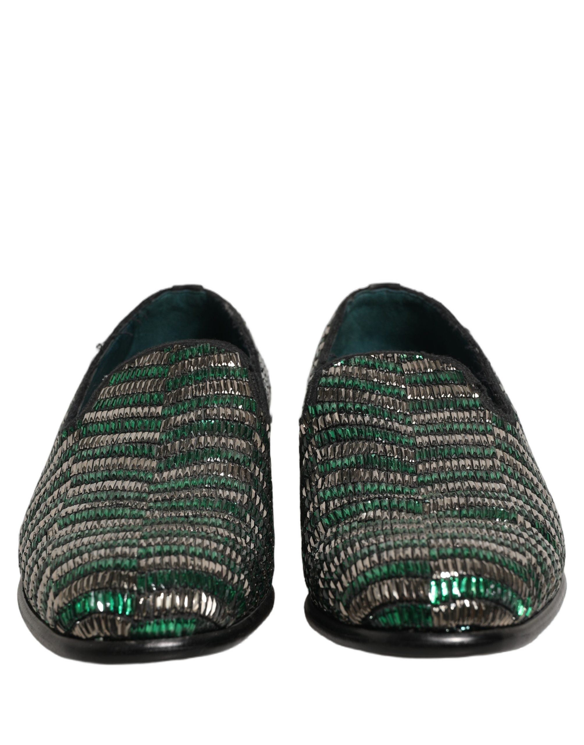 Chaussures mocassins Dolce & Gabbana en argent et vert avec embellissements, élégantes et décoratives pour femme.