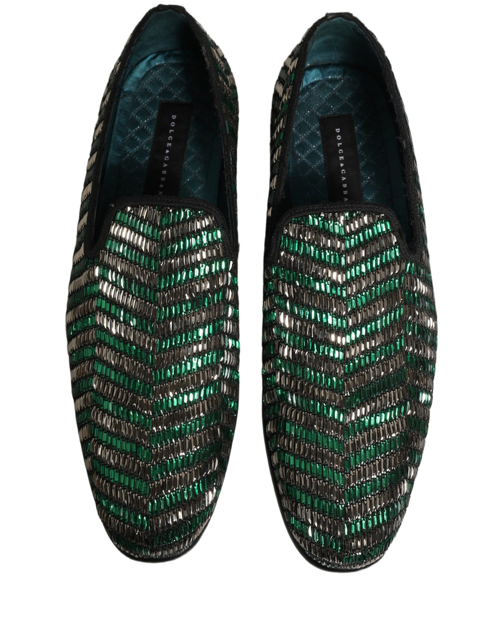 Chaussures Dolce & Gabbana en loafers argentés et verts embellis, élégantes et sophistiquées, vues de face sur fond neutre.