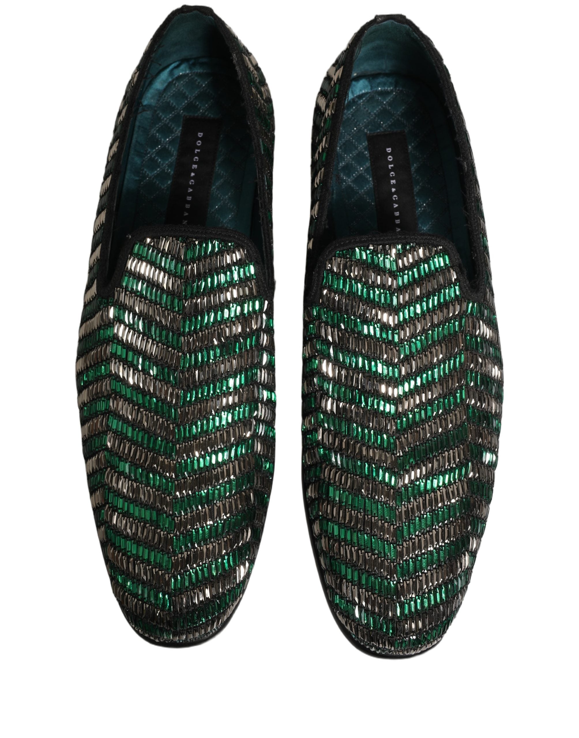 Chaussures Dolce & Gabbana en loafers argentés et verts embellis, élégantes et sophistiquées, vues de face sur fond neutre.