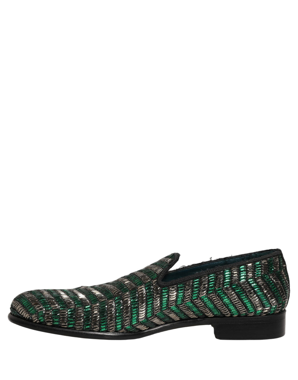 Chaussures loafers Dolce & Gabbana en argent et vert avec embellissements, élégantes et sophistiquées.