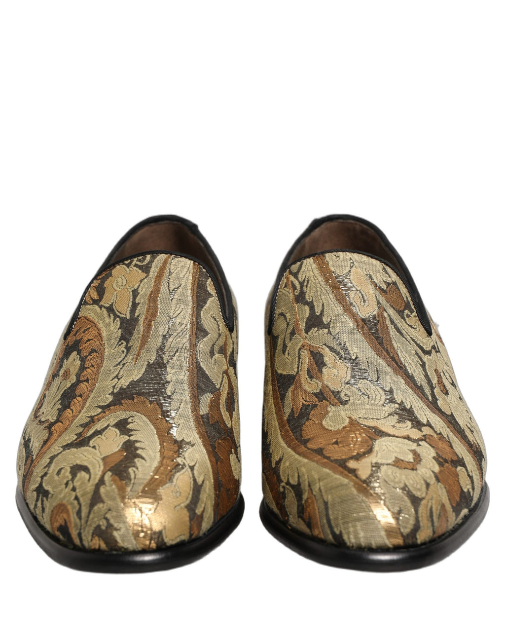 Chaussures loafers hommes Dolce & Gabbana en brocart doré, slip-on élégants pour homme.