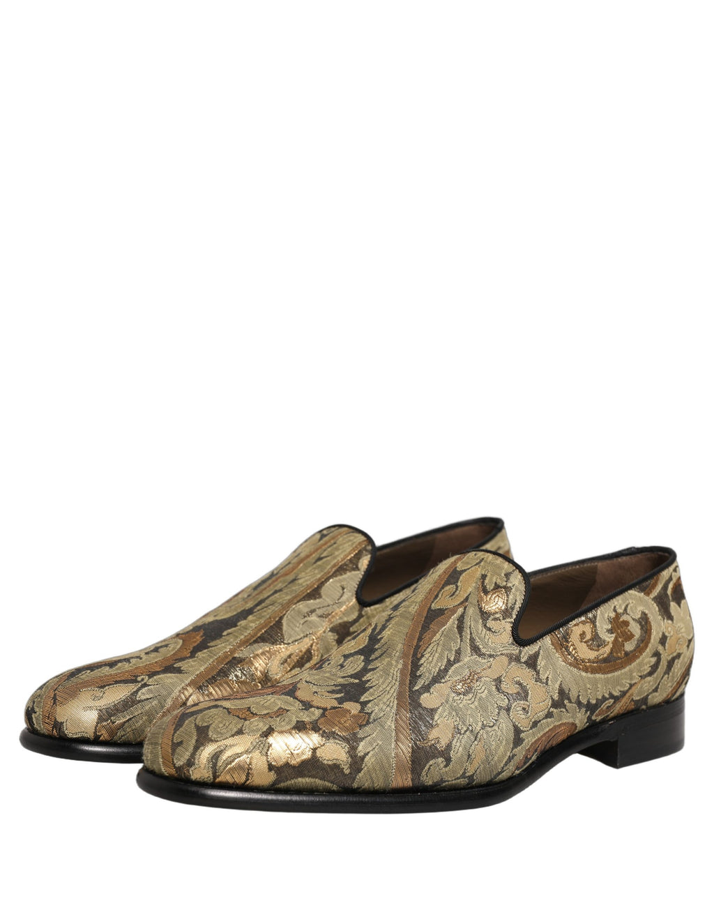 Chaussures mocassins Dolce & Gabbana en brocart doré pour homme, style slip-on élégant et sophistiqué.