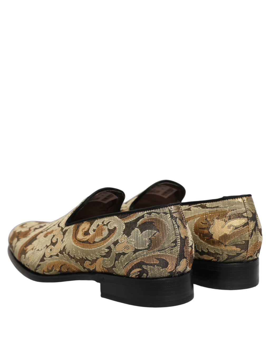 Chaussures mocassins homme Dolce & Gabbana en brocart doré, slip-on élégants pour tenue habillée.