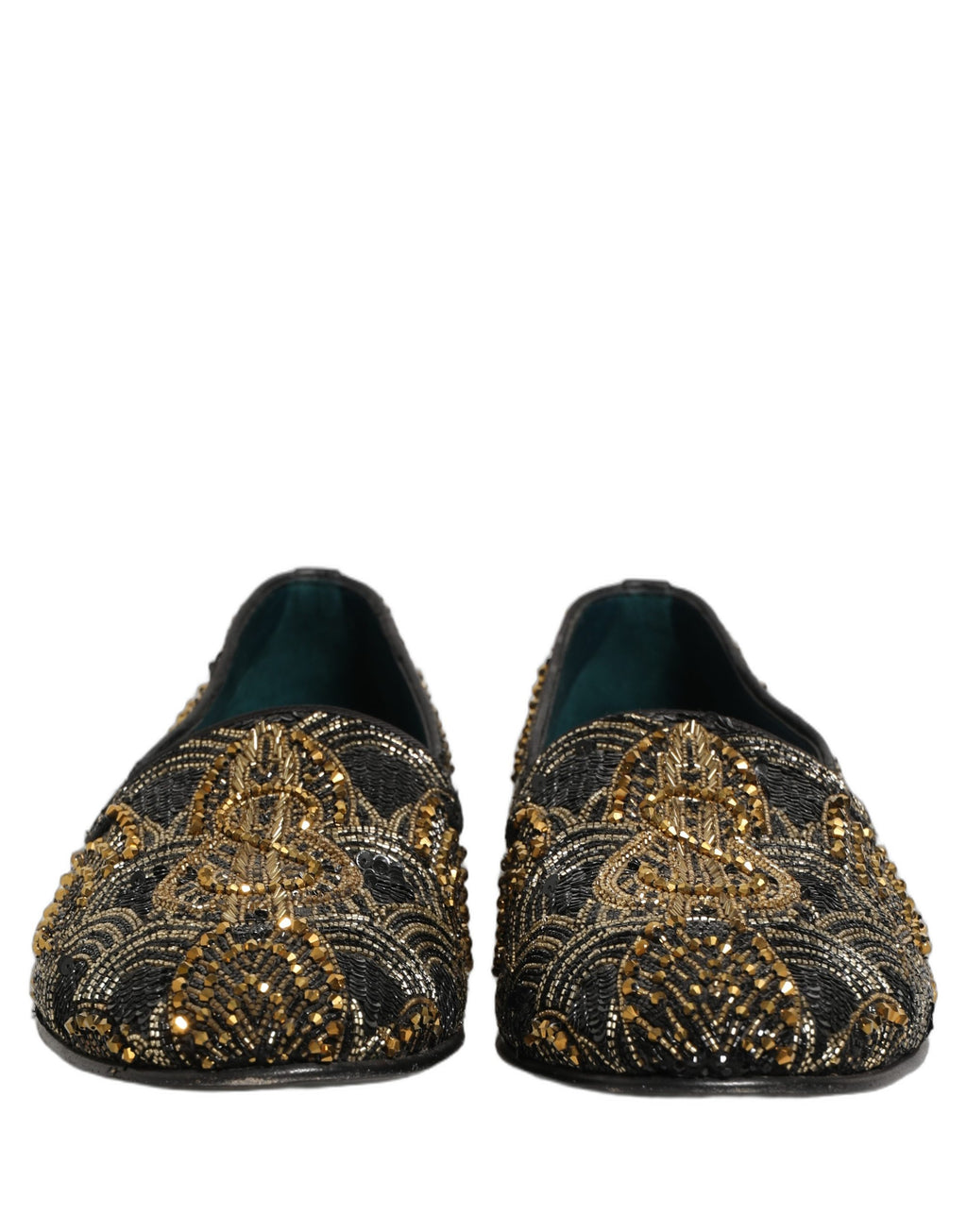 Chaussures mocassins Dolce & Gabbana noir et or avec embellissements élégants, style décontracté chic pour femmes.