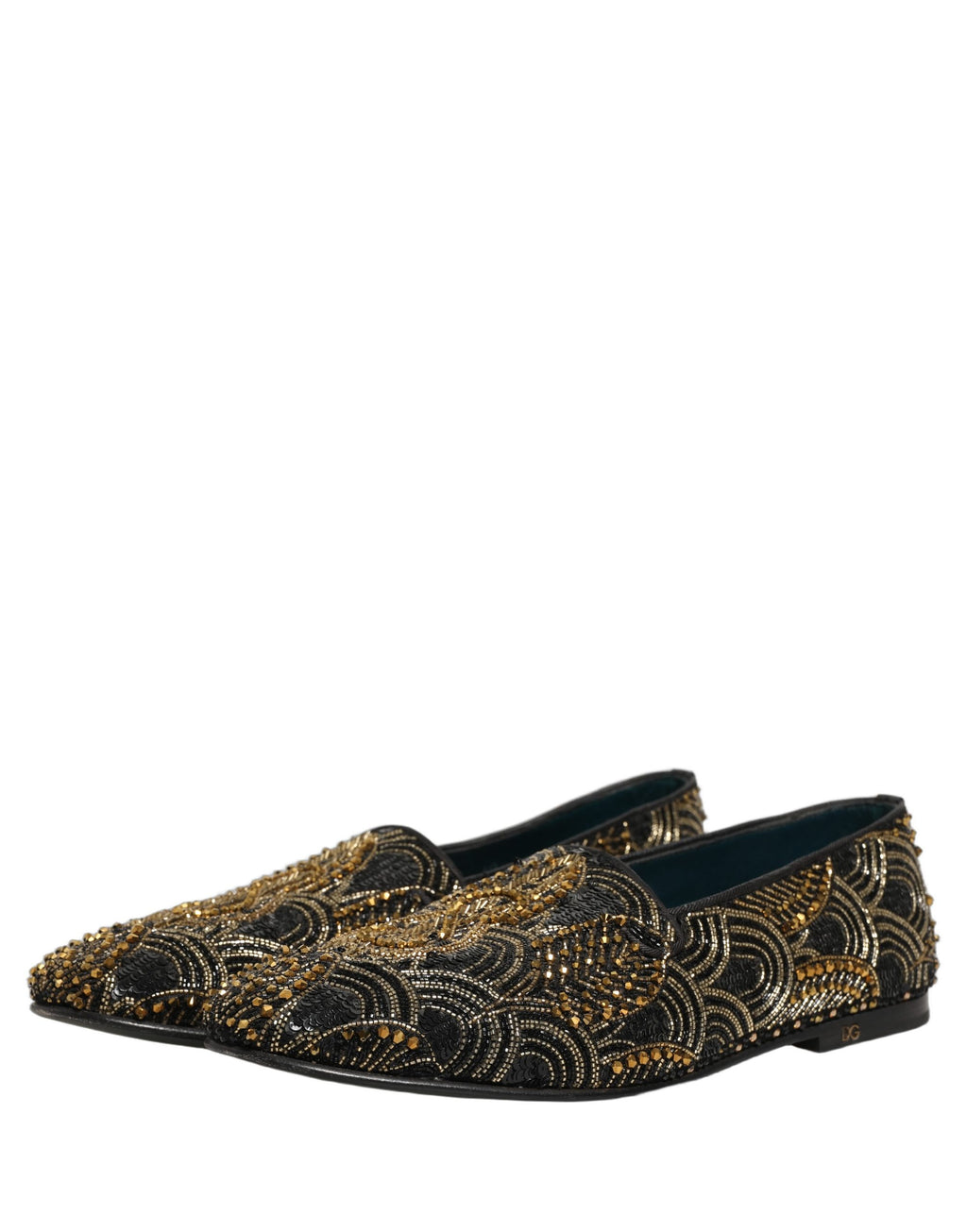 Chaussures loafers Dolce & Gabbana noires et dorées ornées de bijoux, style élégant et sophistiqué.