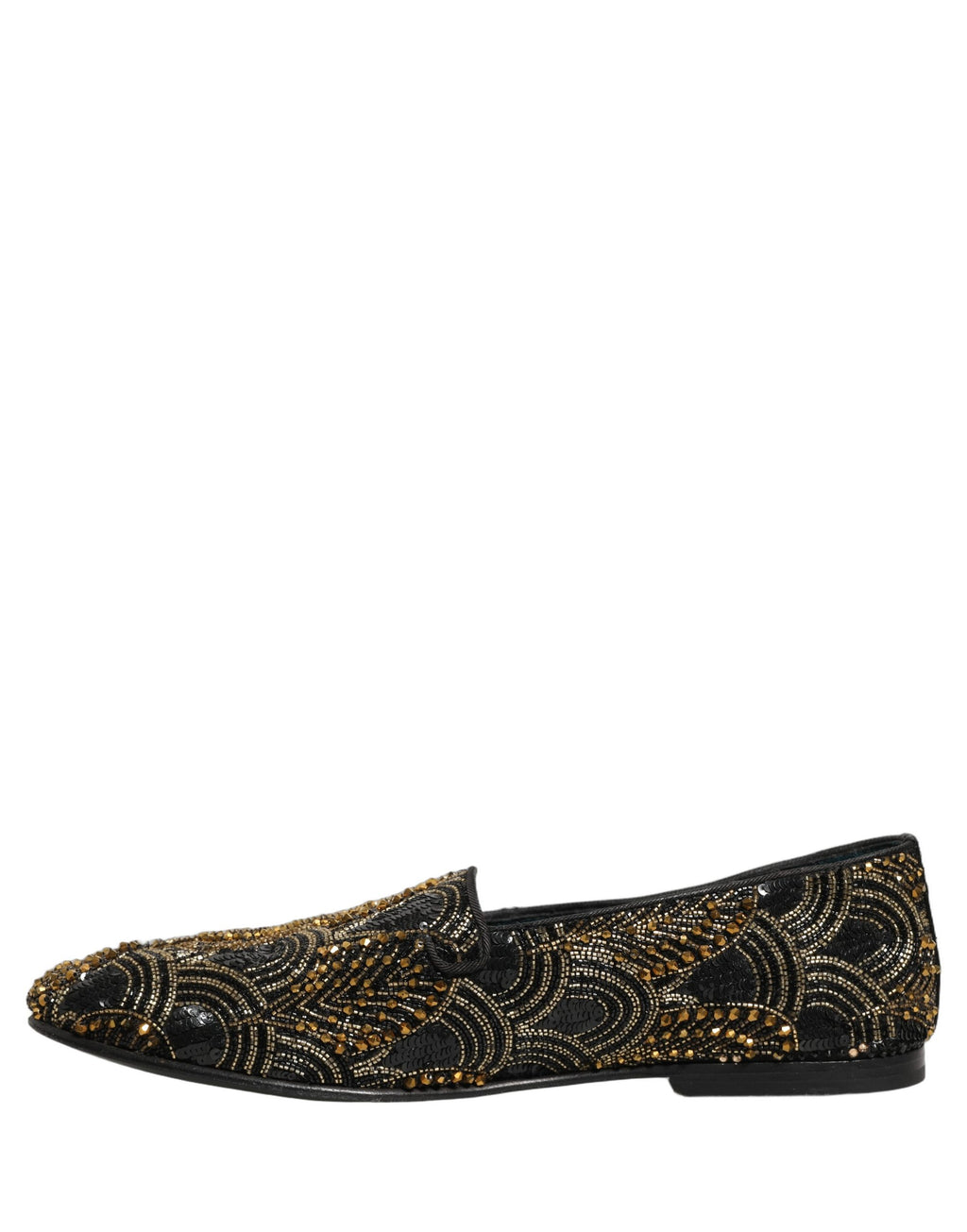 Chaussures loafers Dolce & Gabbana noires et or ornées de détails scintillants, élégantes et sophistiquées.