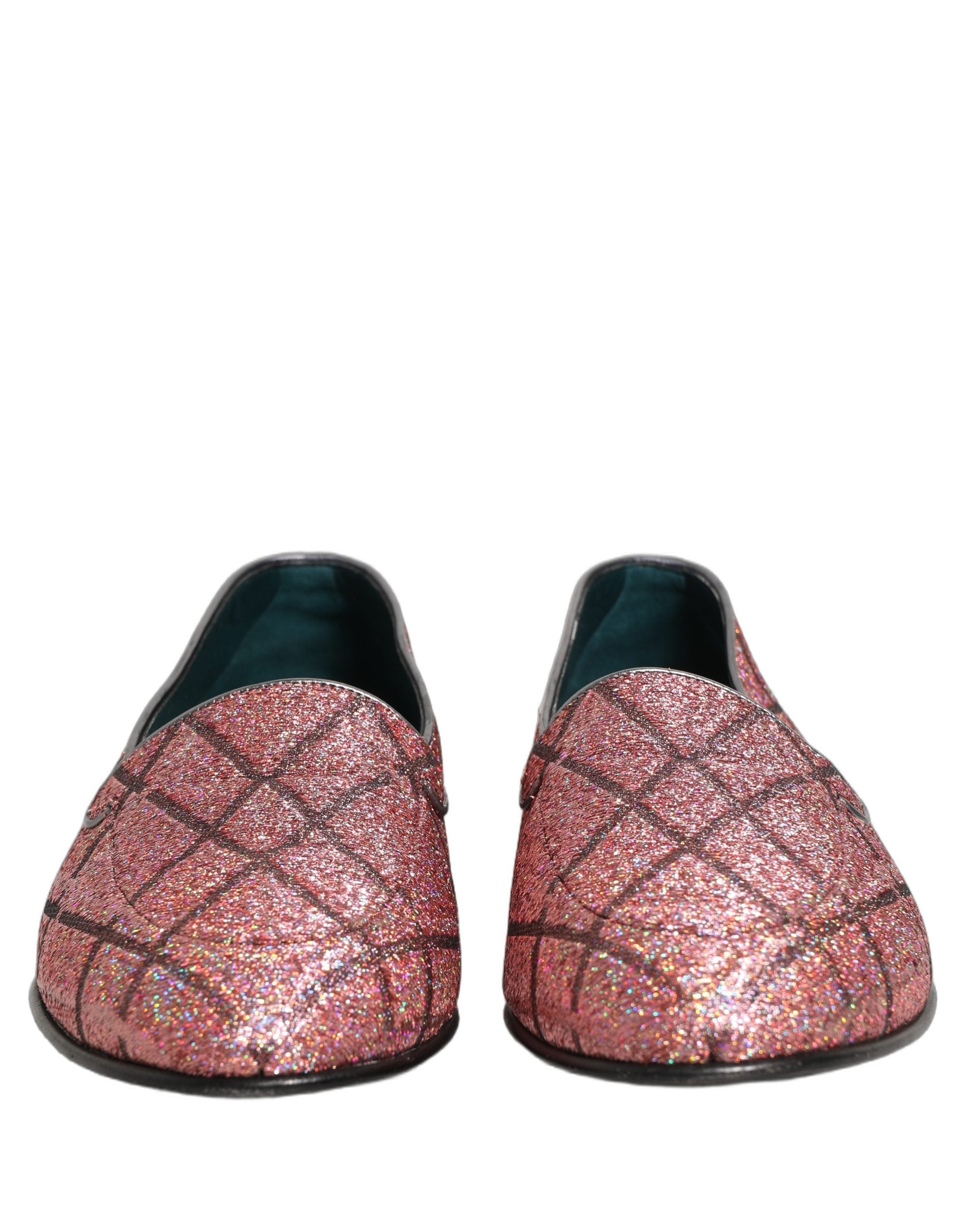 Chaussures mocassins Dolce & Gabbana à carreaux roses, lurex brillant et logo, style élégant et sophistiqué.