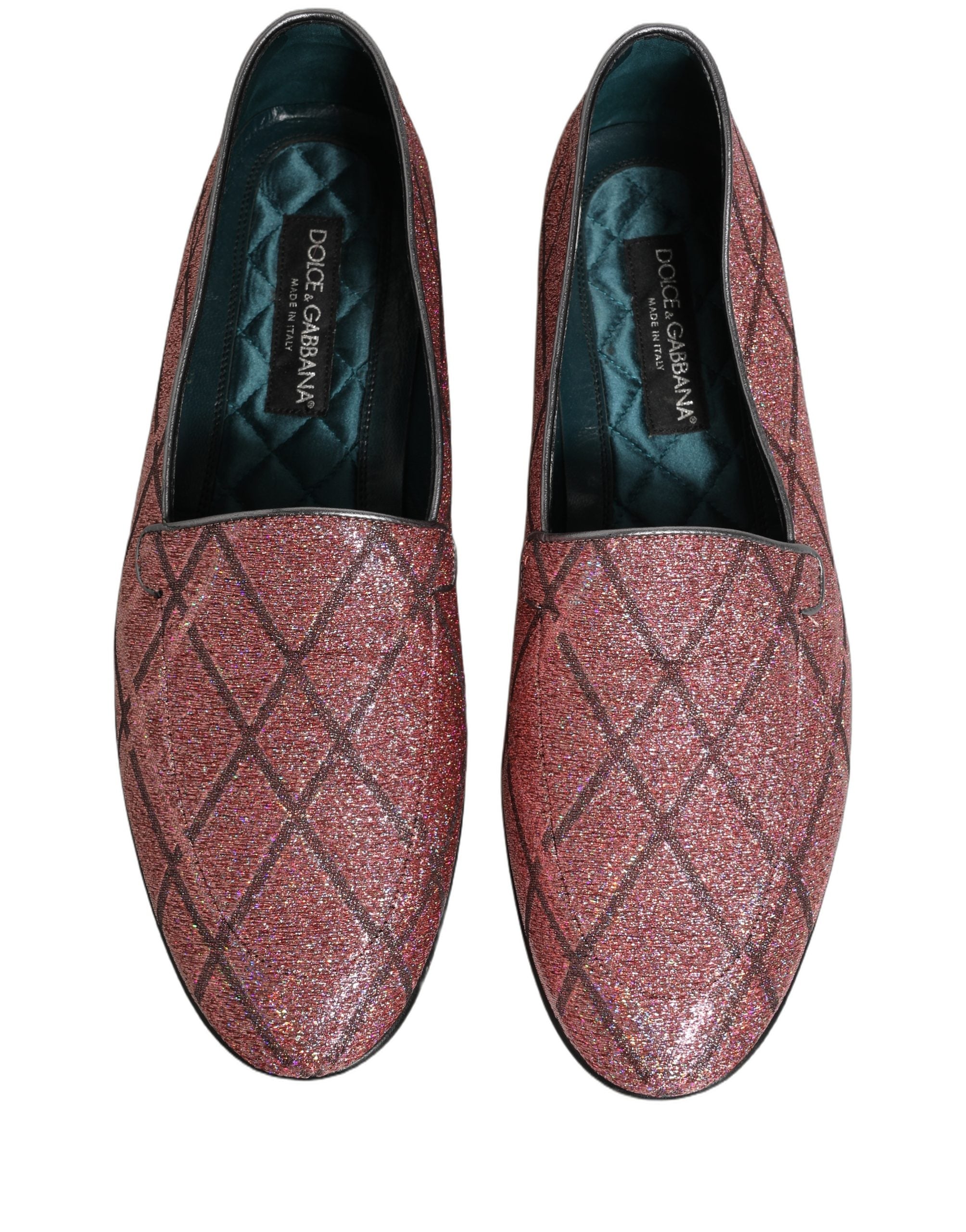 Mocassins Dolce & Gabbana roses à carreaux roses avec paillettes, logo en lurex, chaussures élégantes pour femmes.