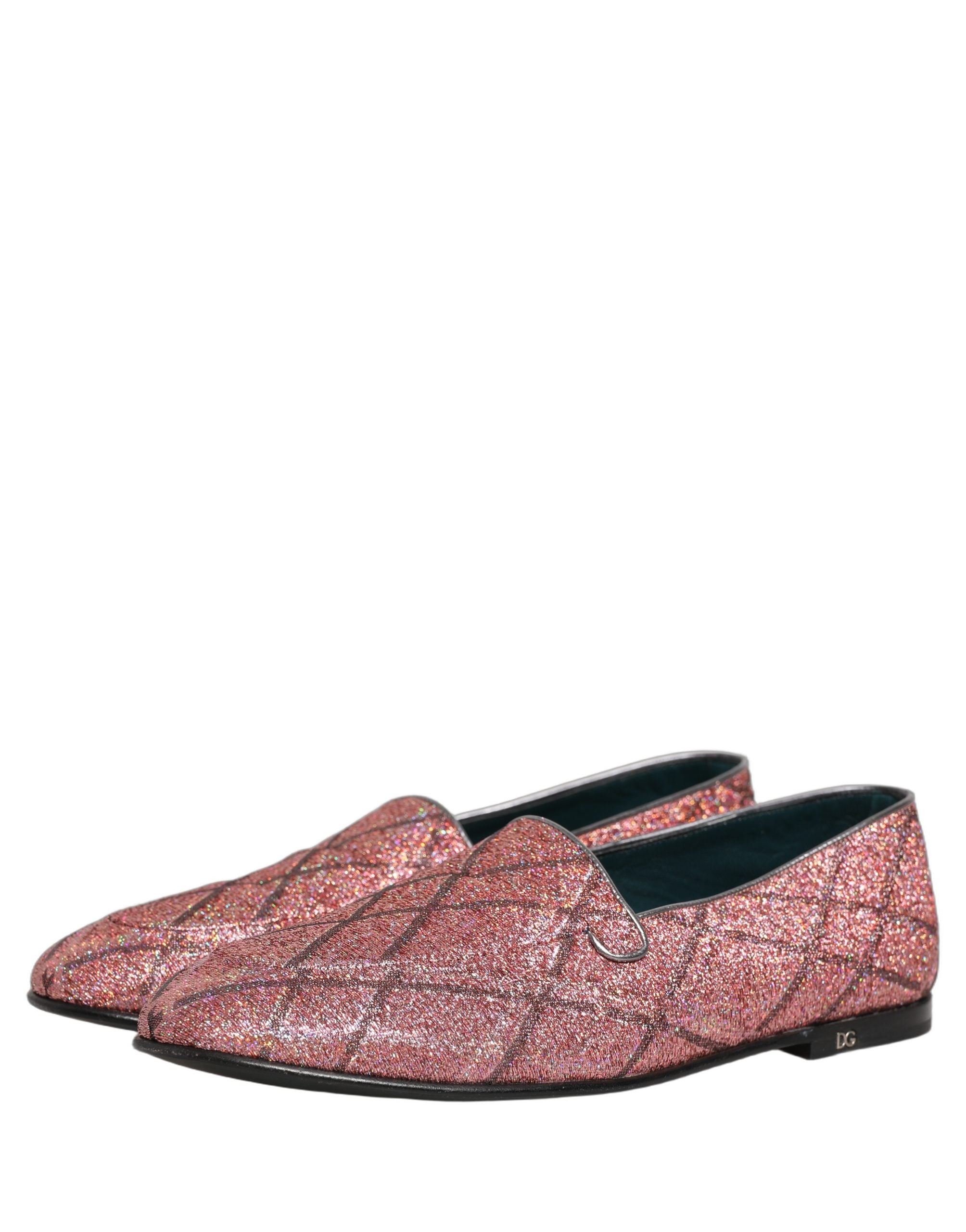 Chaussures mocassins Dolce & Gabbana en glitter lurex rose à logo à carreaux, élégantes et brillantes.