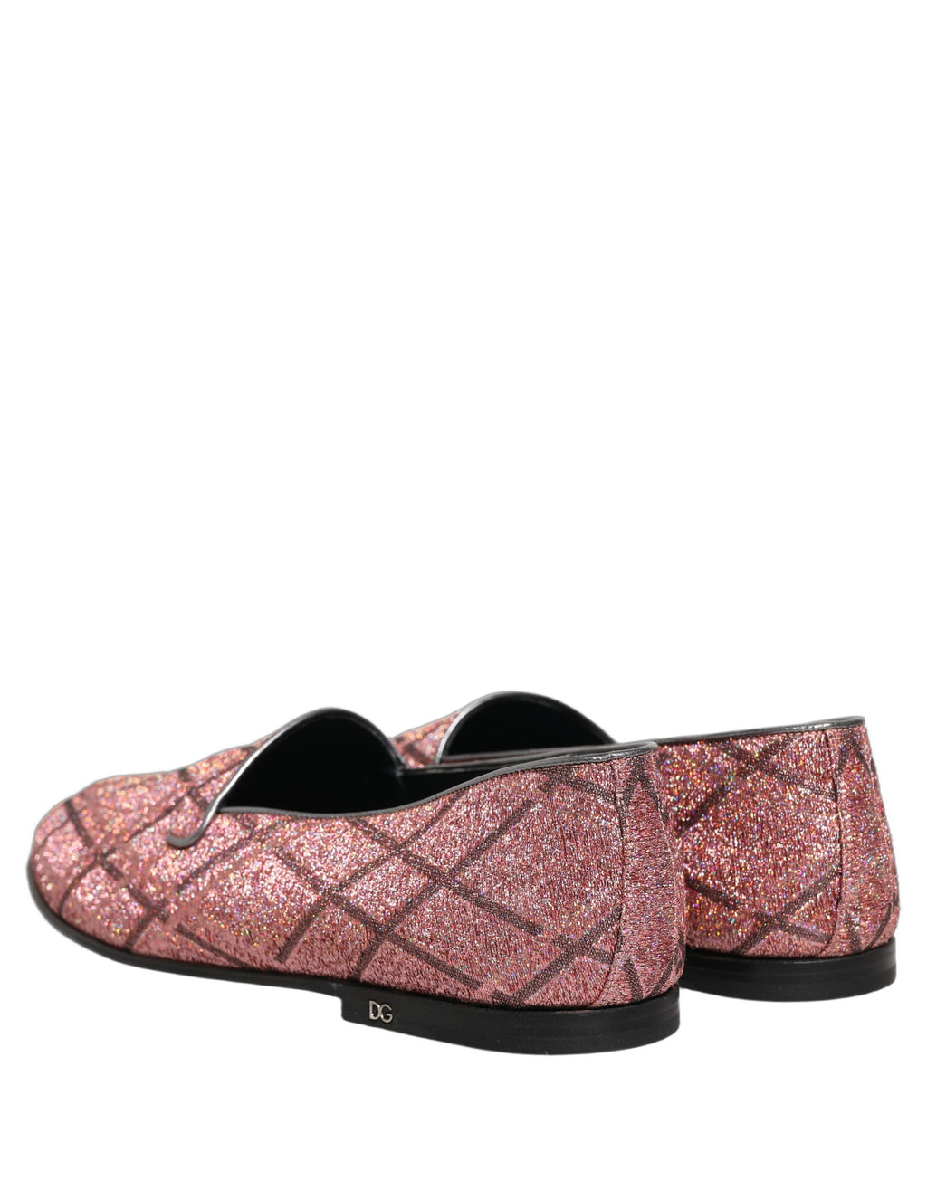 Mocassins Dolce & Gabbana en glitter lurex rose avec logo à carreaux, style élégant et tendance.