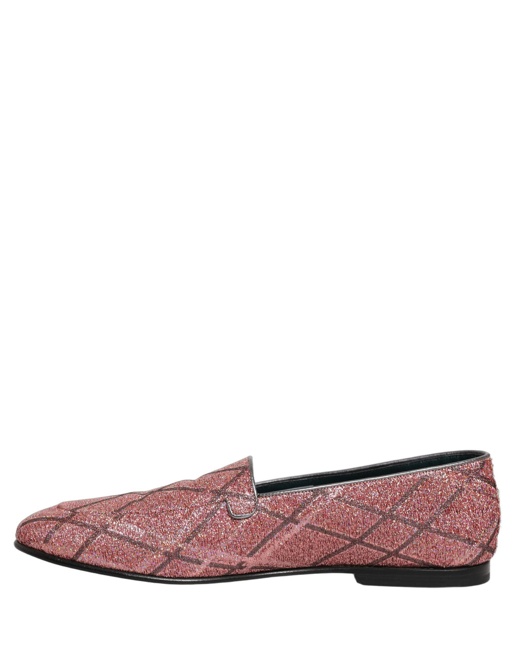 Chaussures loafers Dolce & Gabbana à logo, glitter lurex rose à carreaux roses, élégantes et tendance.