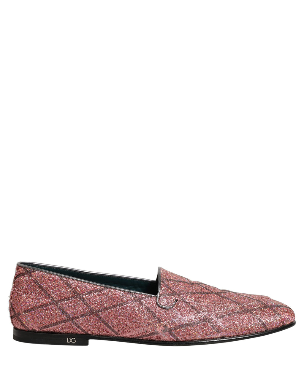 Chaussures mocassins Dolce & Gabbana à carreaux roses, glitter et logo en lurex, en cuir avec semelle en caoutchouc.