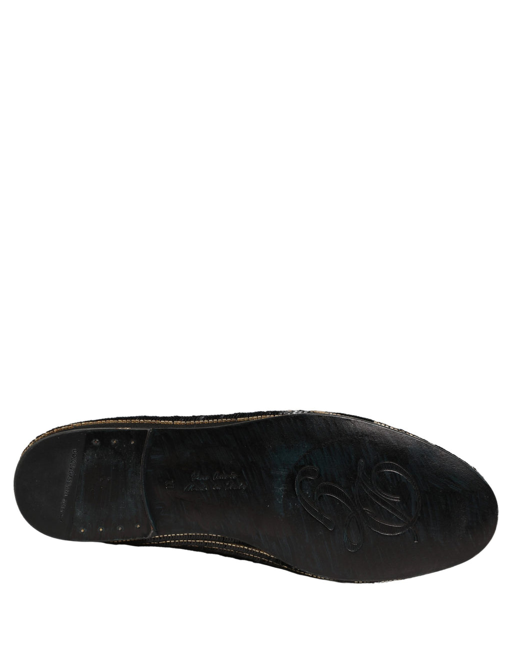 Chaussures mocassins pour hommes Dolce & Gabbana noires avec sequins dorés, élégantes et brillantes, mode luxe.