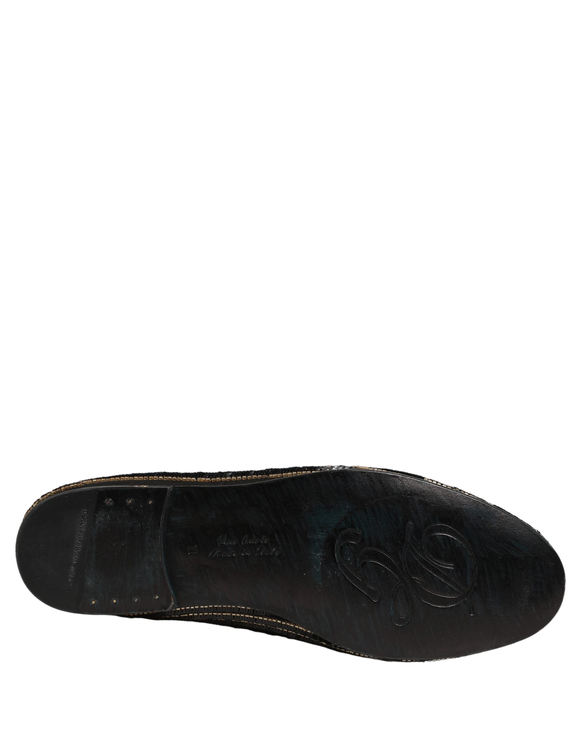 Chaussures mocassins pour hommes Dolce & Gabbana noires avec sequins dorés, élégantes et brillantes, mode luxe.