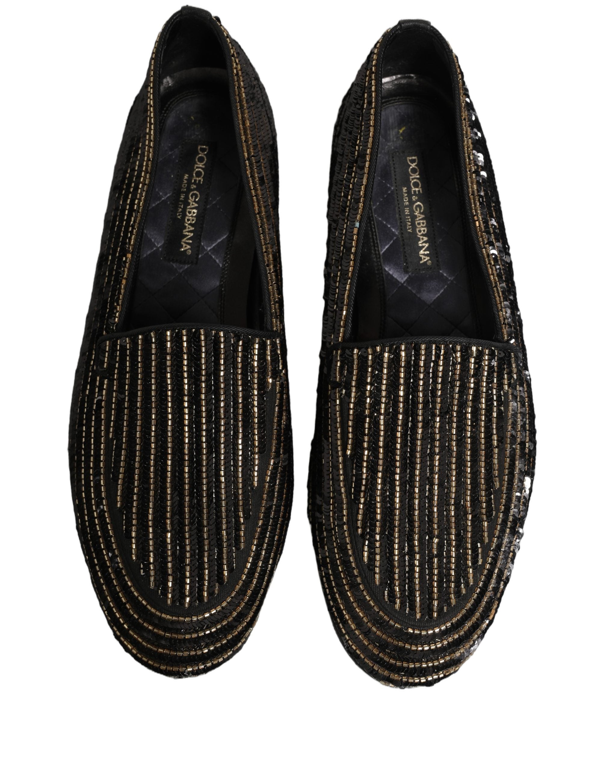 Chaussures mocassins hommes Dolce & Gabbana noires avec sequins dorés et détails brillants, élégantes et sophistiquées.